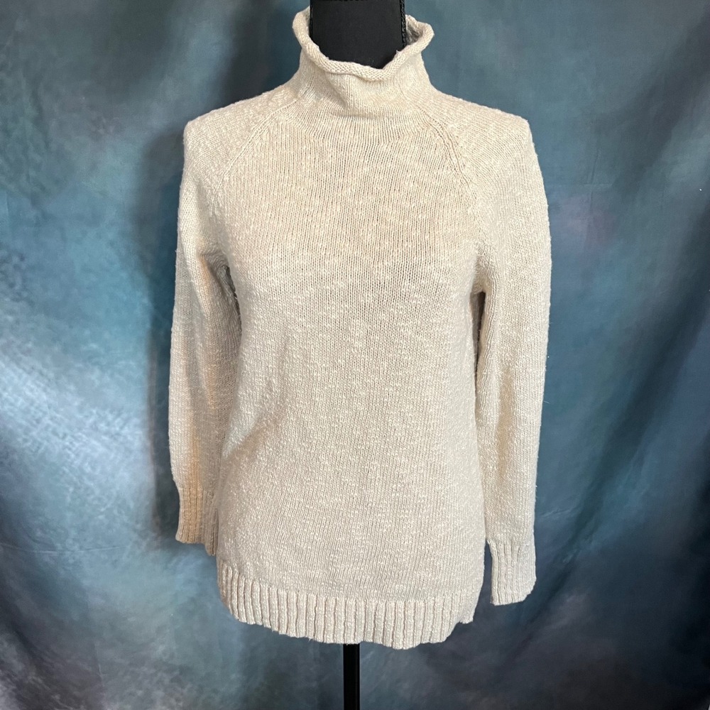 LL Bean Womens Cream Cotton Knit Rollneck Turtleneck Sweater Raglan Sleeve Small